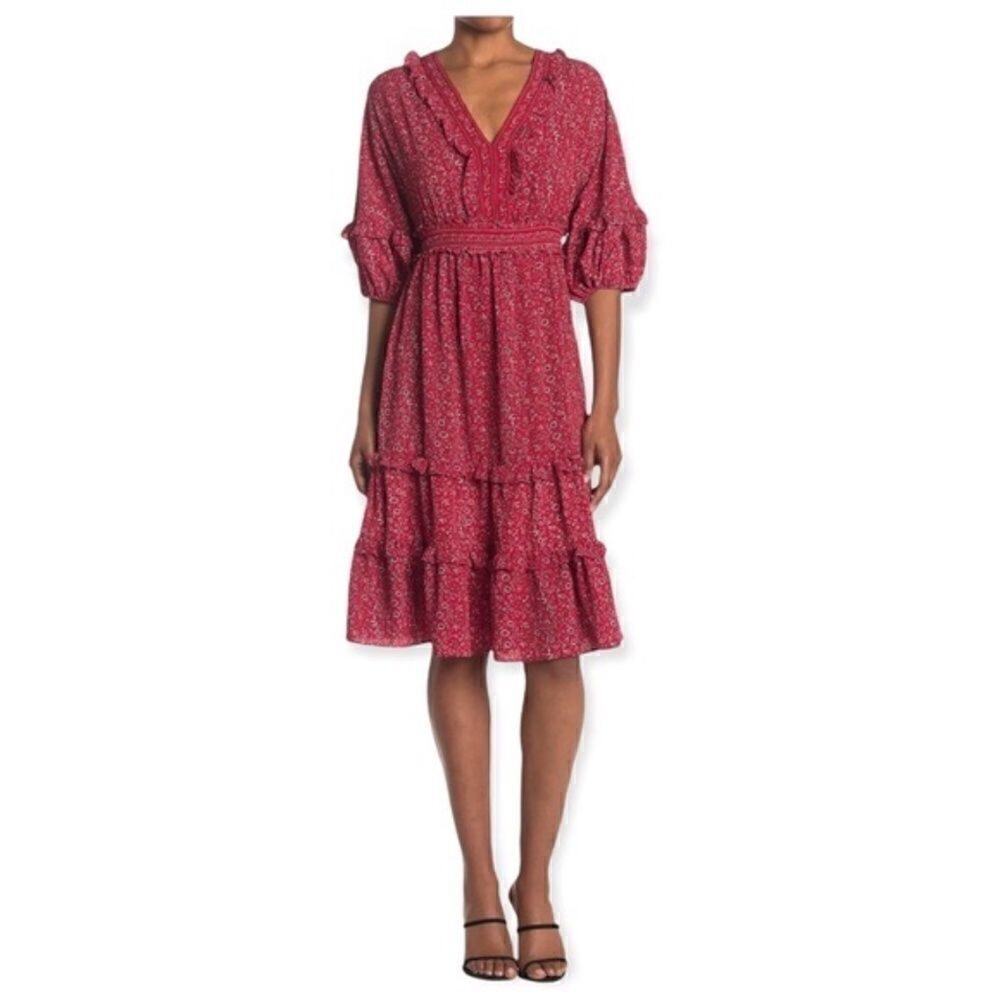 MAX STUDIO  Red Floral V-Neck Empire Waist Dress C62